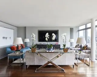 סלון דירה עם טלוויזיה צמודת קיר