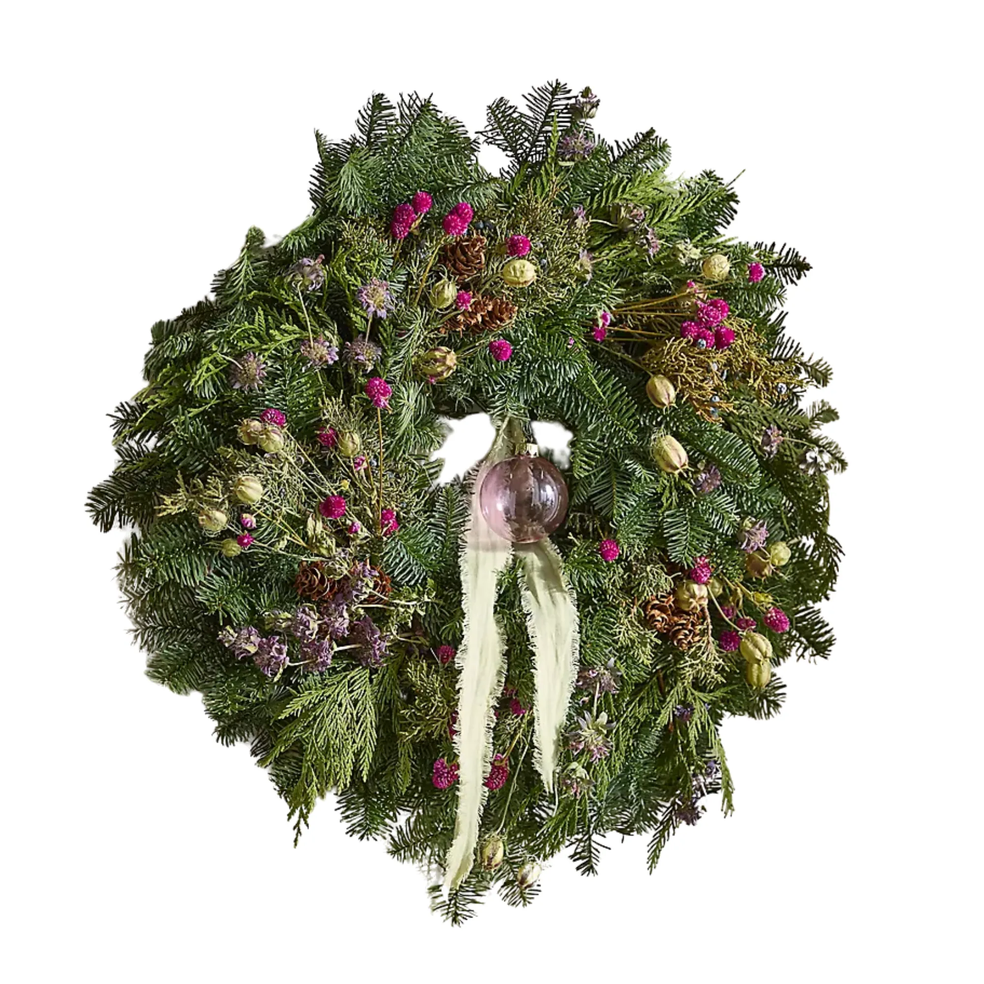 dekoracyjny wianek z różowymi i jasnozielonymi pąkami, różowa szklana ozdoba i jasnozielona wstążka' loading='lazy' title=