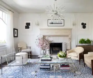 투명한 의자, 파란색 지역 러그 및 벽난로를 갖춘 고전적인 거실
