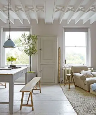 白く塗られた梁を使った天井のアイデア