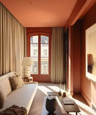 Terrakottamalt stue med beige gardiner