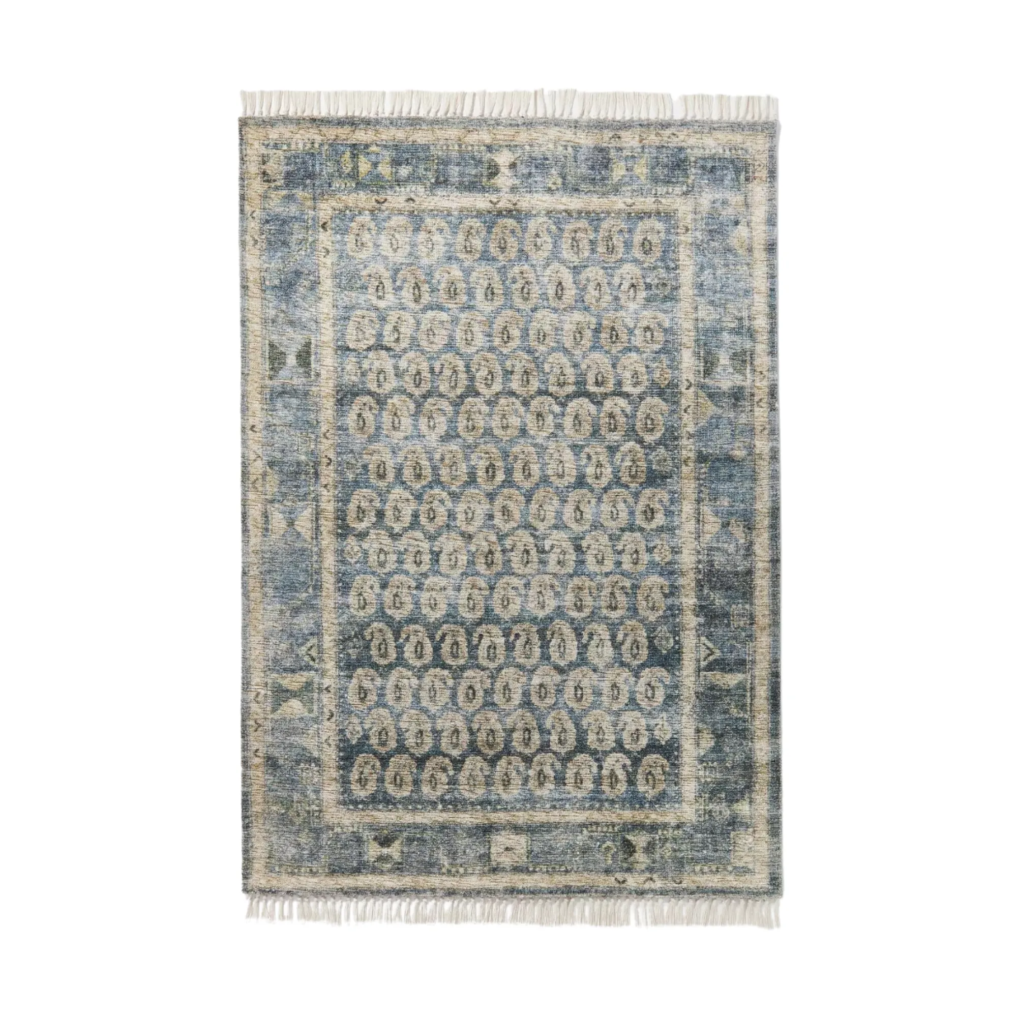 una alfombra de inspiración vintage con detalles en azul y beige' loading='lazy' title=