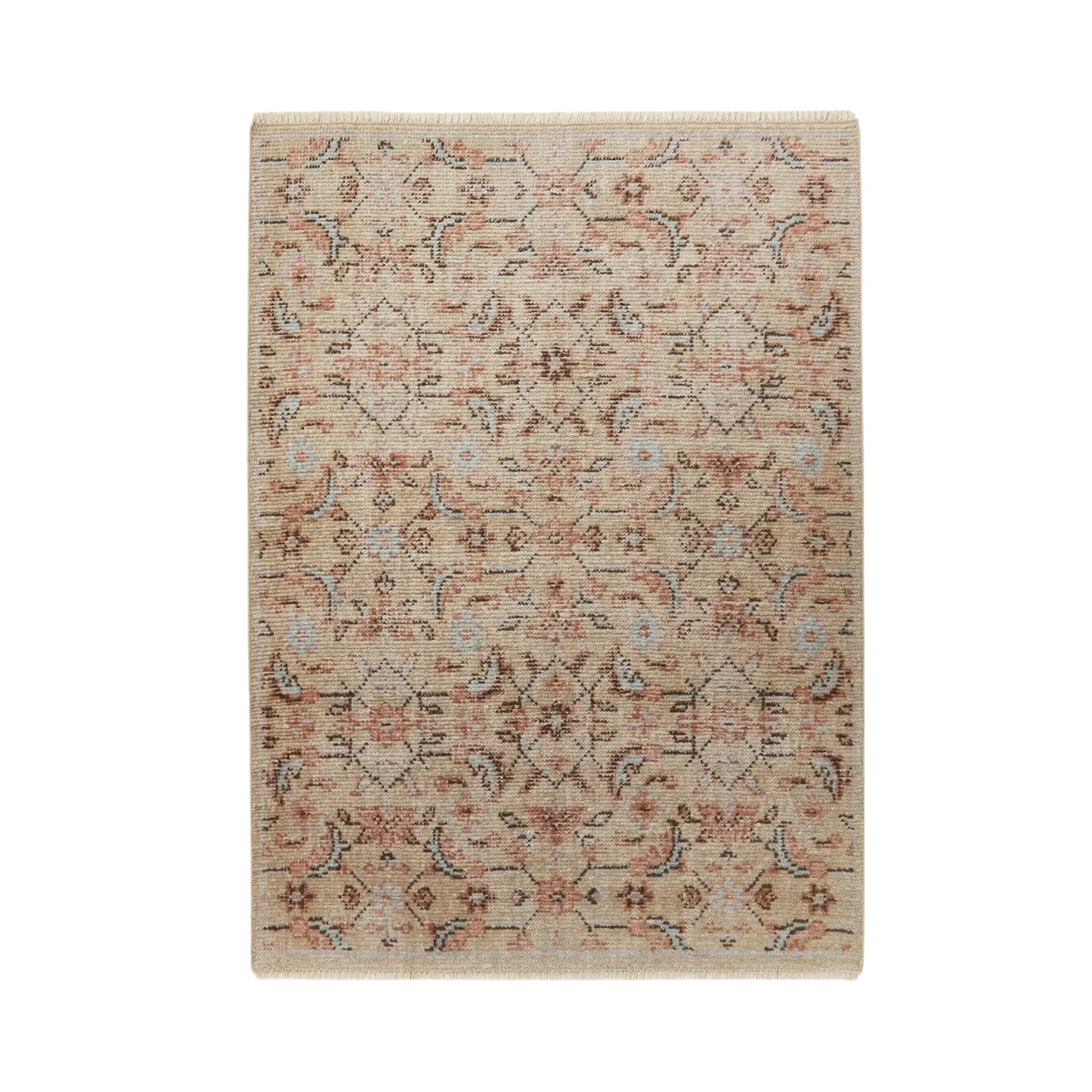 una alfombra de inspiración vintage con motivos beige, rojo y azul claro' loading='lazy' title=