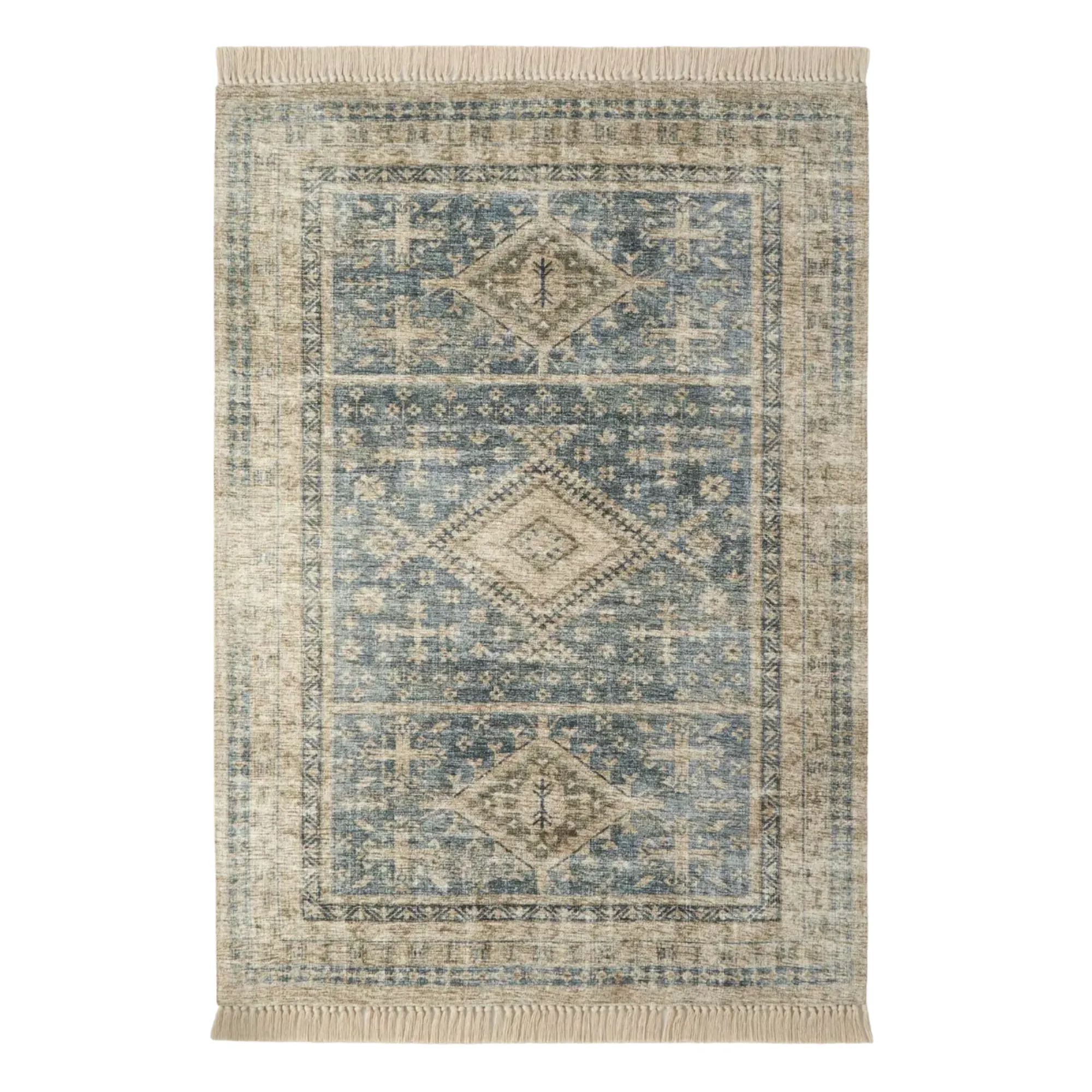 una alfombra de inspiración vintage con patrones triangulares y detalles en azul y beige' loading='lazy' title=