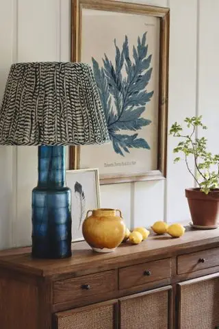 entrée avec console en bois, lampe de table, murs à feuillures, œuvres d'art, pots