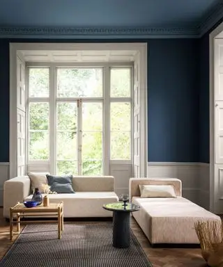 Salon bleu avec murs et plafond peints en bleu, gros canapé crème, grande fenêtre blanche, parquet en bois, tapis gris, table d'appoint noire, table d'appoint en bois