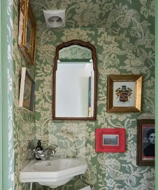 Farrow and Ball, petite salle de bain tapissée de fleurs vertes et plafond tapissé