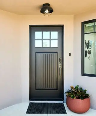 porte d'entrée noire avec petites fenêtres en verre et plafonnier
