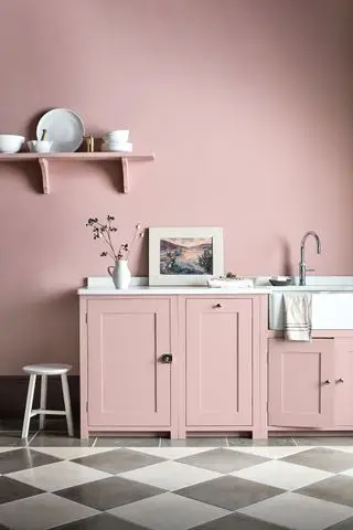 Cuisine rose rose de Neptune avec sol en damier