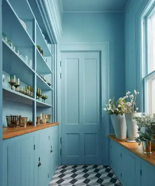 Benjamin Moore Bleu tranquille sur les murs, les boiseries, les armoires et le plafond d'un vestiaire
