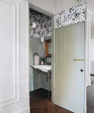 Svetlozelené dvere, ktoré sa otvárajú do kúpeľne zdobenej rovnakou farbou.