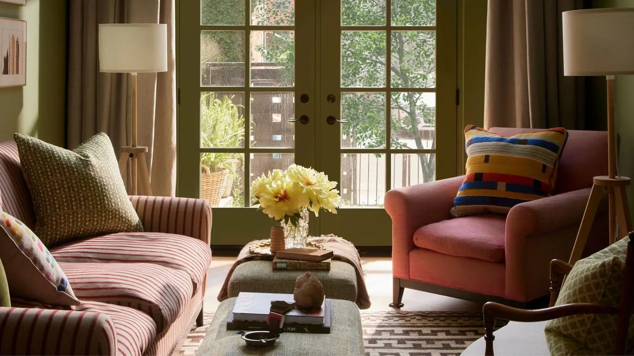 Un espace de vie cosy avec des murs verts, un canapé rayé, un fauteuil rose et de grandes portes vitrées ouvrant sur un patio' loading='lazy' title=