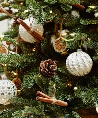 クリスマスツリーに白いキラキラしたクリスマスデコレーション、松ぼっくり、ドライフルーツとシナモンスティックのスライスの接写。