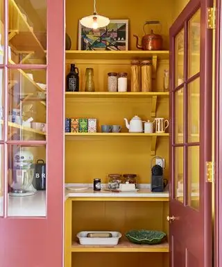 chambre jaune avec garde-manger rose et jaune