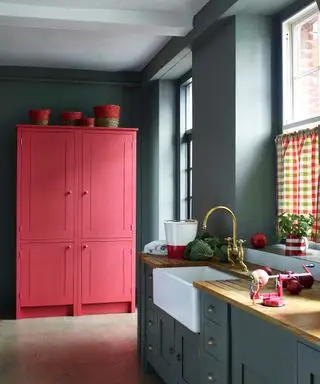 Une palette de couleurs de cuisine gris foncé avec un garde-manger peint en rouge corail et des stores en vichy.
