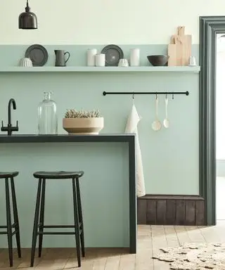 Cuisine vert pâle et noire avec mur bicolore et parquet.