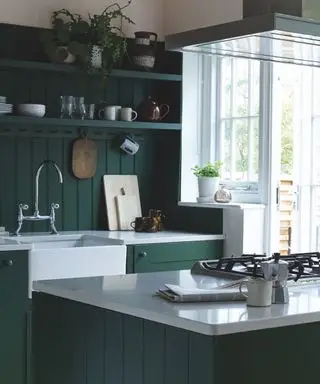 farebné nápady kuchynského ostrovčeka, zelená a biela kuchyňa, zelené skrinky a ostrovček, biele dosky, varná doska v ostrovčeku, otvorené police