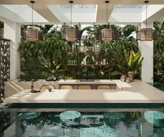 Isola cucina da esterno con disposizione a penisola