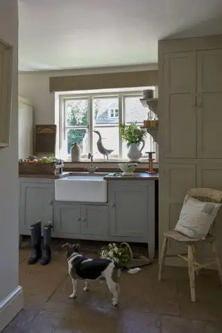 Un petit chien dans une buanderie avec des bottes en caoutchouc et un panier de fleurs.