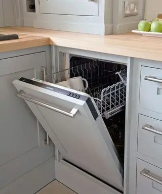 식기세척기 문이 열려 있는 파란색 주방 캐비닛