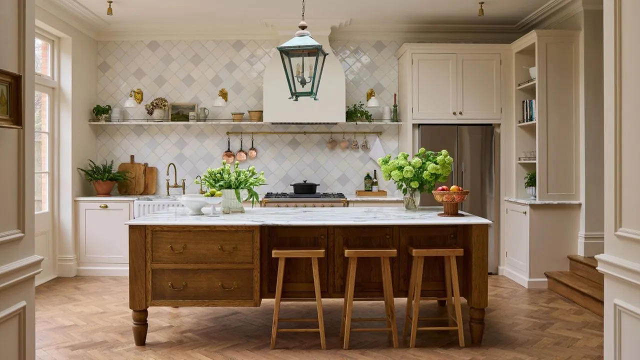 크림색 캐비닛, 목재 섬 대리석 조리대 및 타일 백스플래시를 갖춘 따뜻한 중성색 주방' loading='lazy' title=