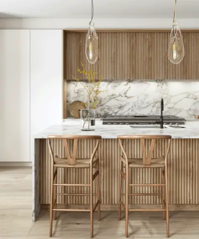 木製アイランドと青いキャビネットを備えた木製キッチン