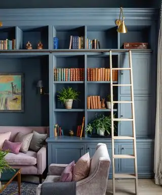 ארונות כחולים בהזמנה אישית, סולם עץ, מעוטר בספרים, צמחים וקישוטים