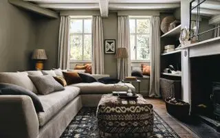 緑とニュートラルのリビング ルーム、部分的な模様のラグとプーフ、飾り板、オープン棚、木製の床、暖炉