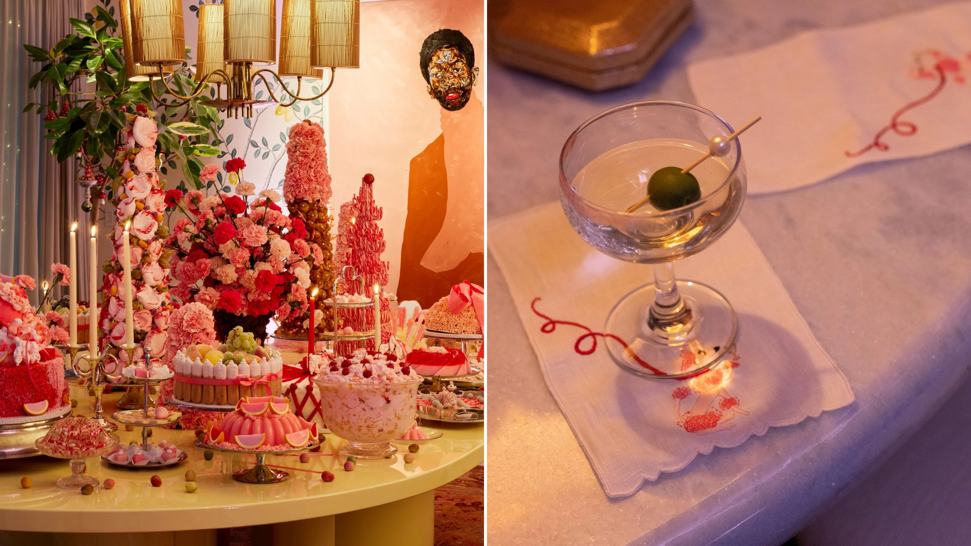 ピンクのデザートとナプキンにオリーブが入ったカクテルがテーブルに山積み' loading='lazy' title=