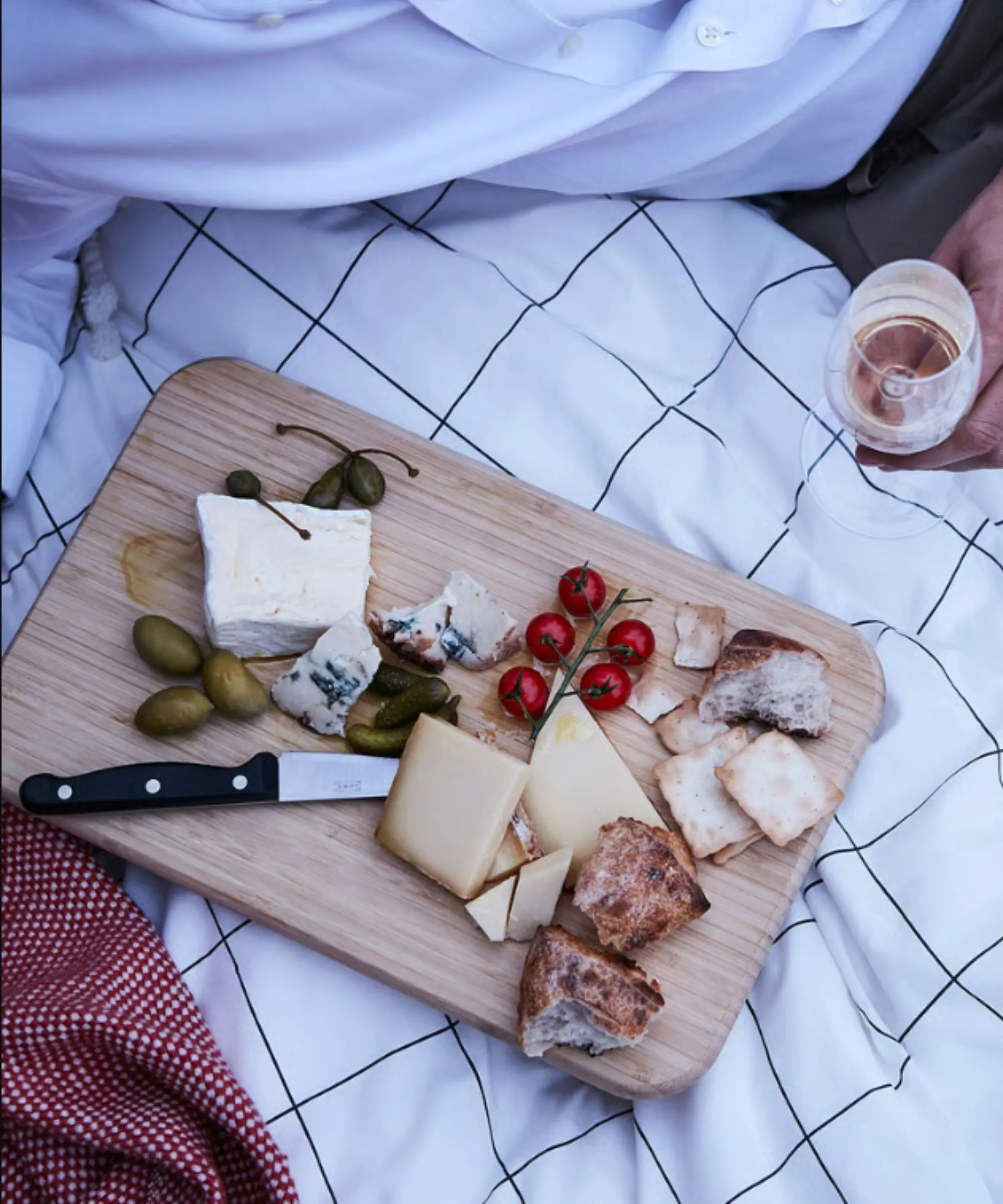 체크 담요 위에 치즈 빵 올리브와 토마토를 얹은 대나무 서빙 보드' loading='lazy' title=