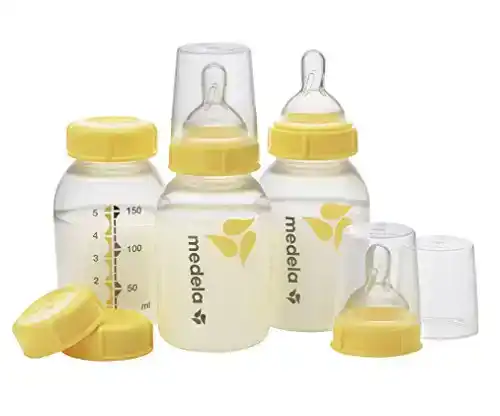 Medela Breast Milk Storage Bottles, 3 Pack of 5 Ounce Breastfeeding Bottles with Slow Flow Nipples, Lids, Wide Base Collars, and Travel Caps, Made Without BPA
