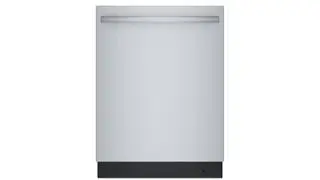 En Bosch opvaskemaskine i rustfrit stål på hvid baggrund