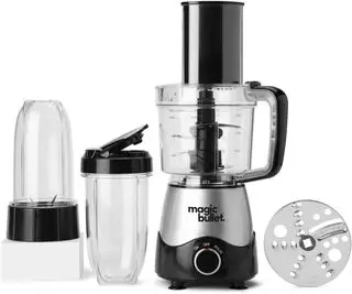 흰색 배경에 액세서리가 있는 Magic Bullet Kitchen Express