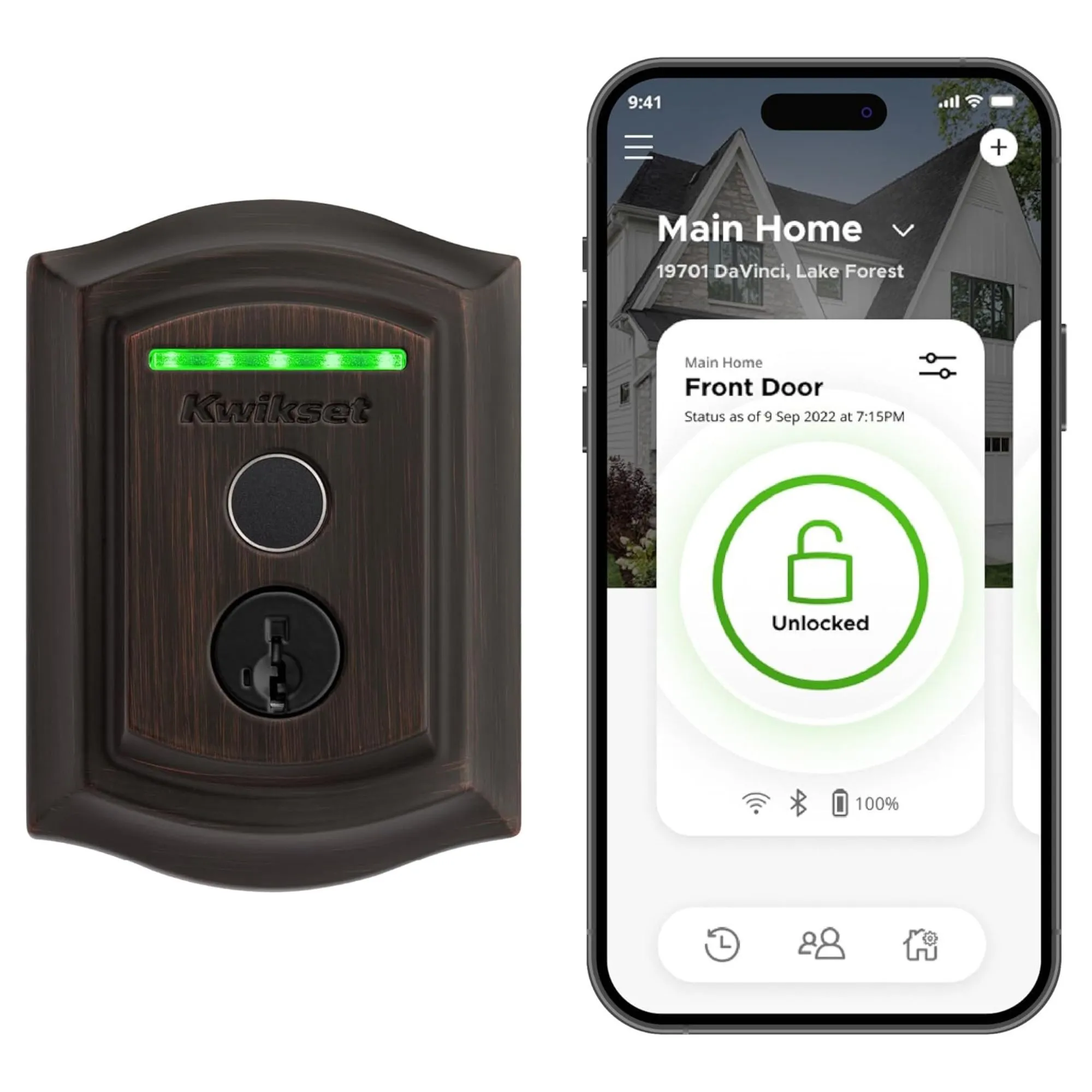 Kwikset Halo Touch smart lås og smartphone, der viser skærmen med Kwikset app mod hvid baggrund.' loading='lazy' title=