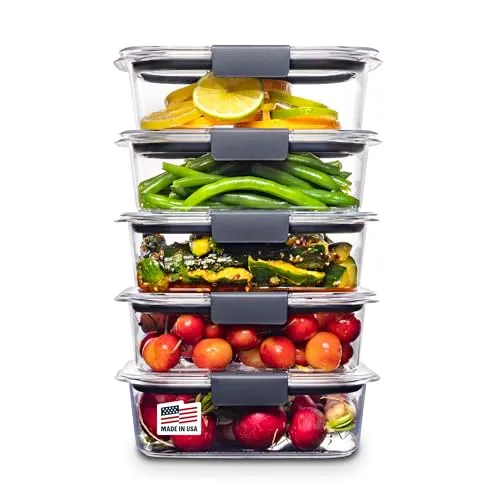Recipientes para almacenamiento de alimentos Rubbermaid Brilliance, tapas herméticas sin Bpa, ideales para preparar y preparar comidas para el almuerzo. Juego de sobras de 5 (taza 3,2)' loading='lazy' title=