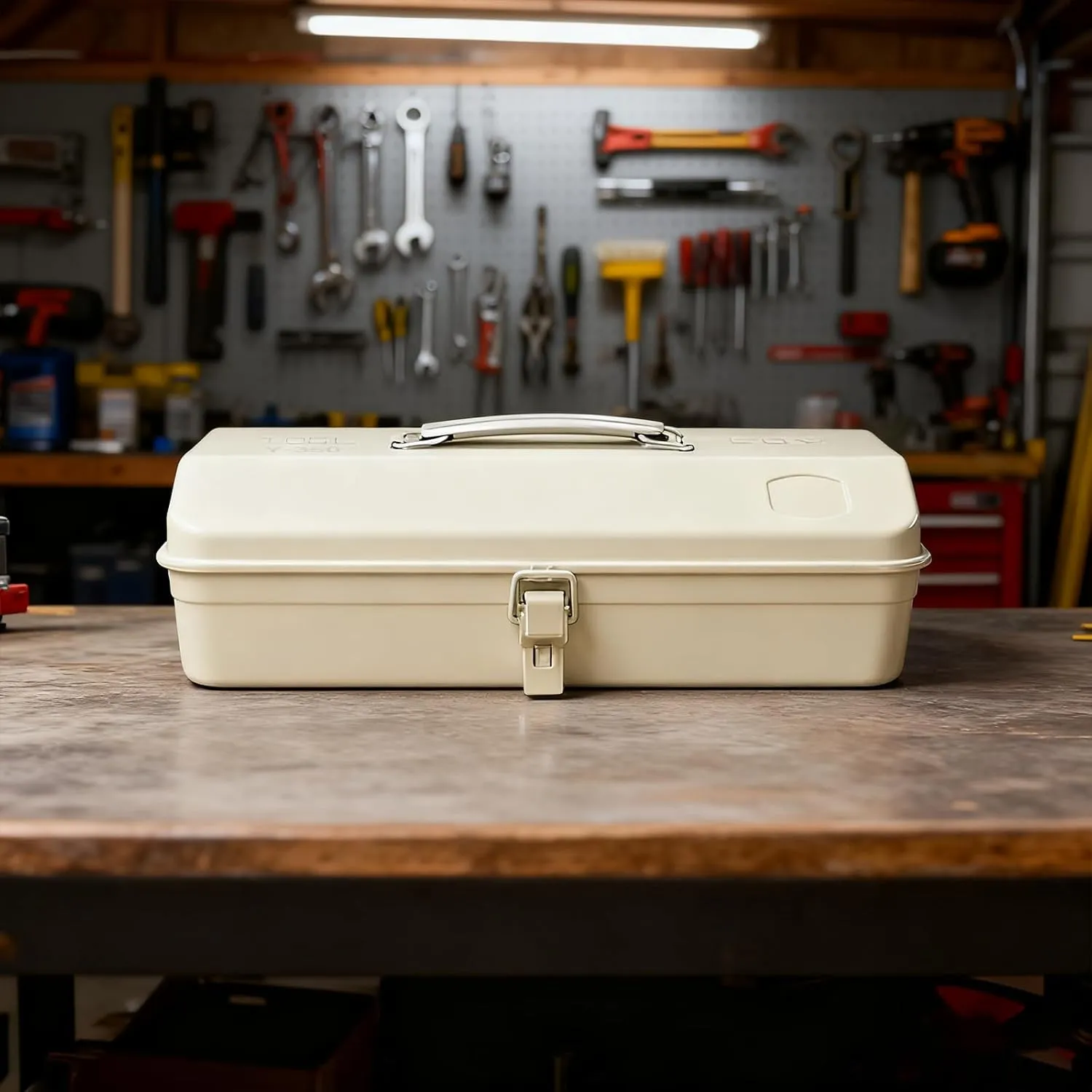 Zxtdbmbb mlecznobiała przenośna metalowa skrzynka narzędziowa styl dachu biodrowego z metalowym zatrzaskiem narzędzie do zamykania skrzynia do warsztatu domowego Car14.2' loading='lazy' title=