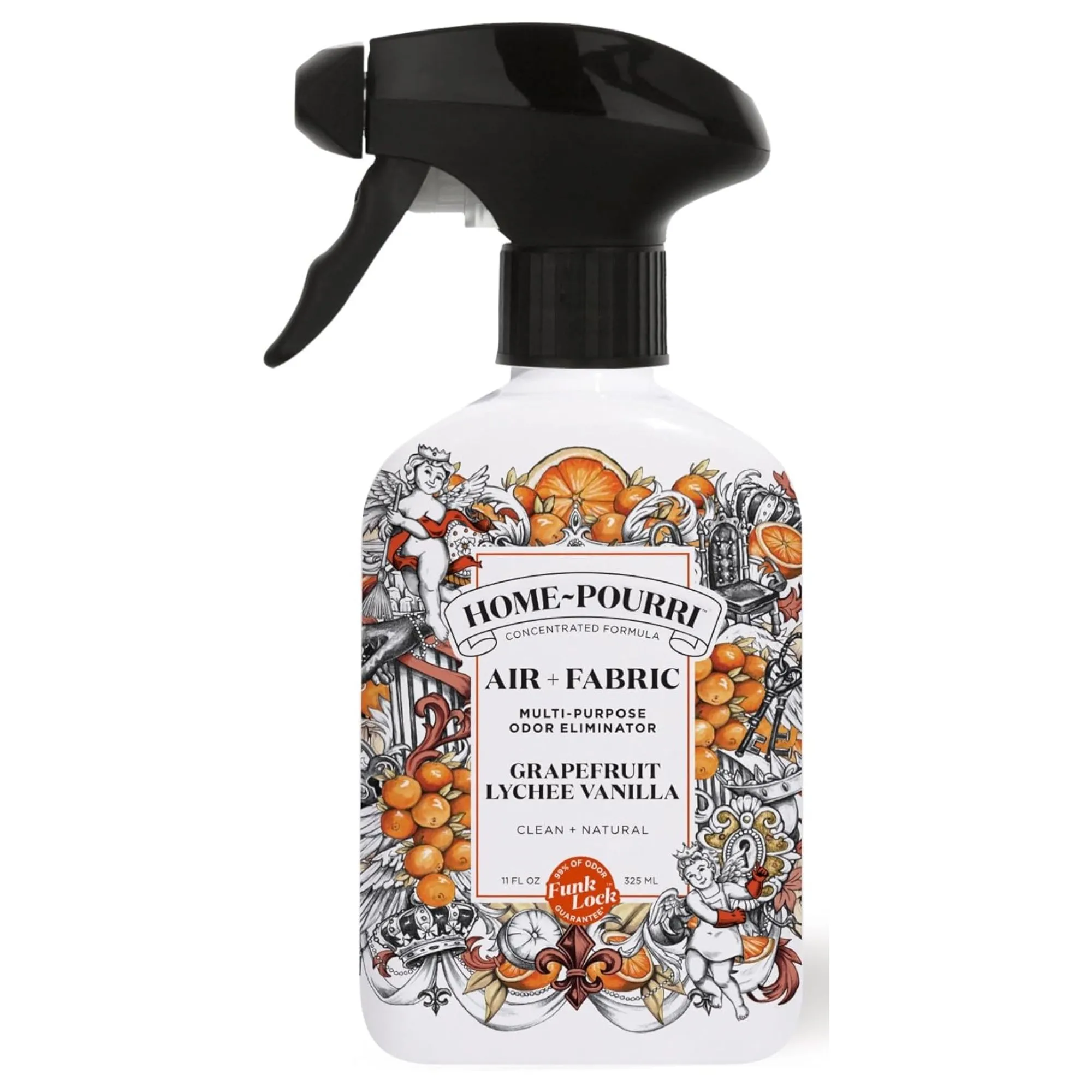 Un flacone spray bianco di eliminatore di odori con un'etichetta arancione e nera.' loading='lazy' title=