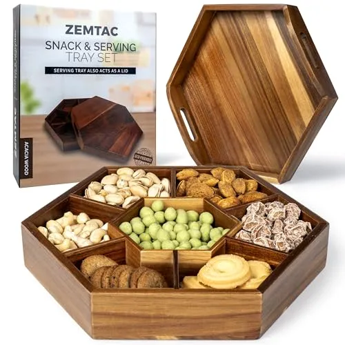 Snack-Tablett mit Deckel, das auch als Serviertablett dient – ​​13 x 11 Akazienholz, dekoratives Tablett mit 7 Fächern für Trockenfrüchte und Obst. Nuts Sechseckiger Couchtisch oder Ottoman-Tablett mit Griffen für das Wohnzimmer' loading='lazy' title=