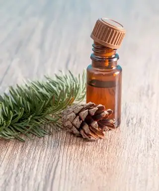 Bouteille d'huile de pin sur une table en bois