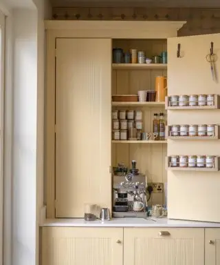 Garde-manger jaune placard électroménager garage peint en foin Farrow and Ball