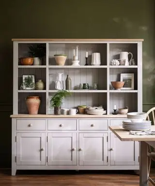 Un clapier sur pied avec des armoires fermées en bas et des étagères ouvertes en haut