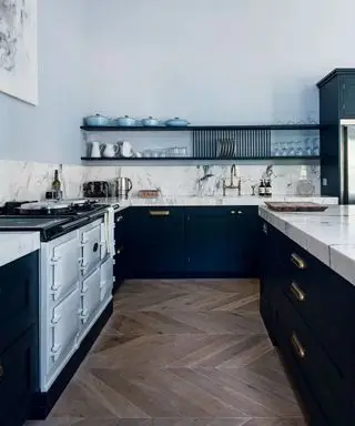 Coin cuisine avec aga bleu clair, plans de travail et armoires encastrées en marbre blanc, parquet en bois foncé