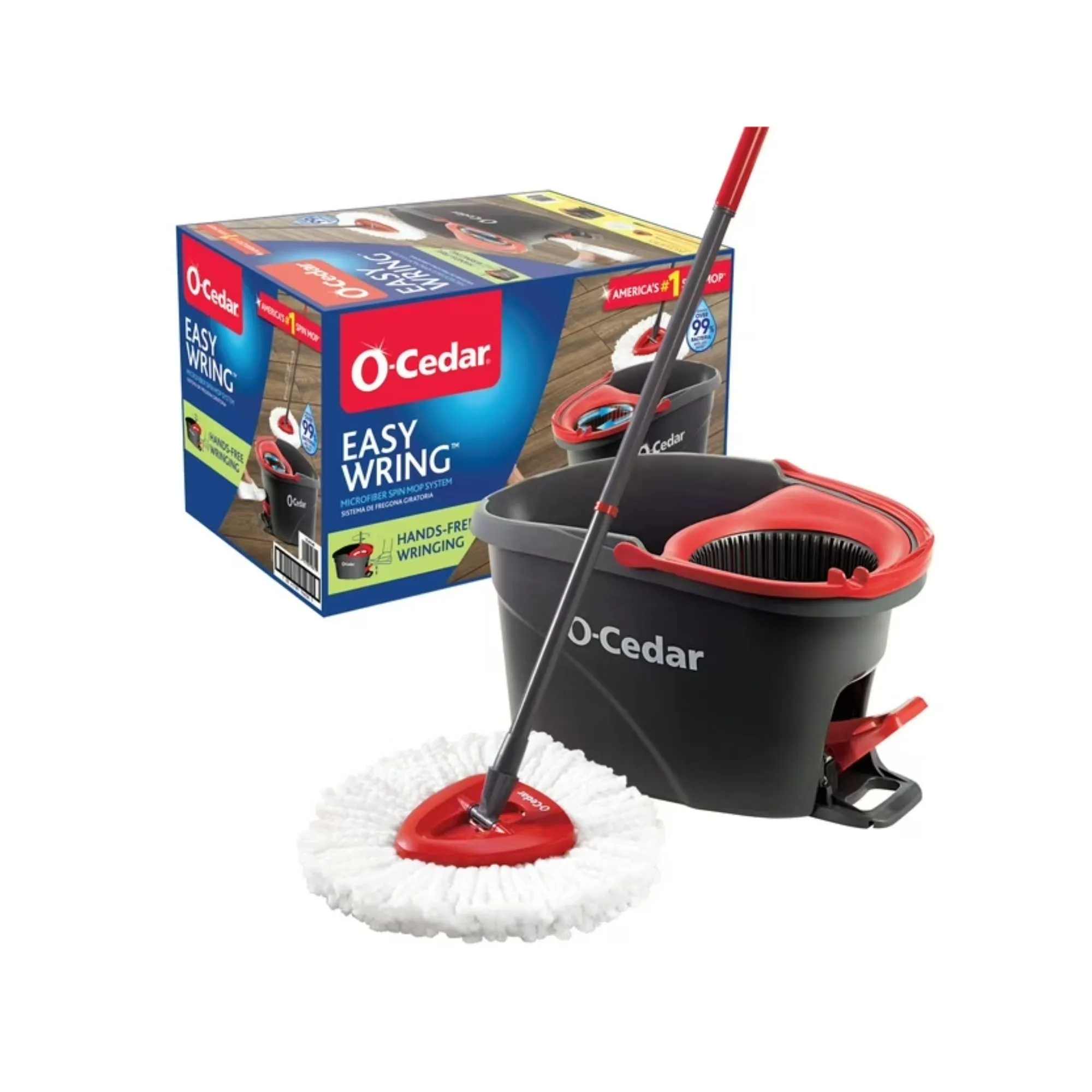 Mop O-Cedar z białą główką i szarą rączką obok czarno-czerwonego wiadra na mop z pudełkiem do pakowania' loading='lazy' title=