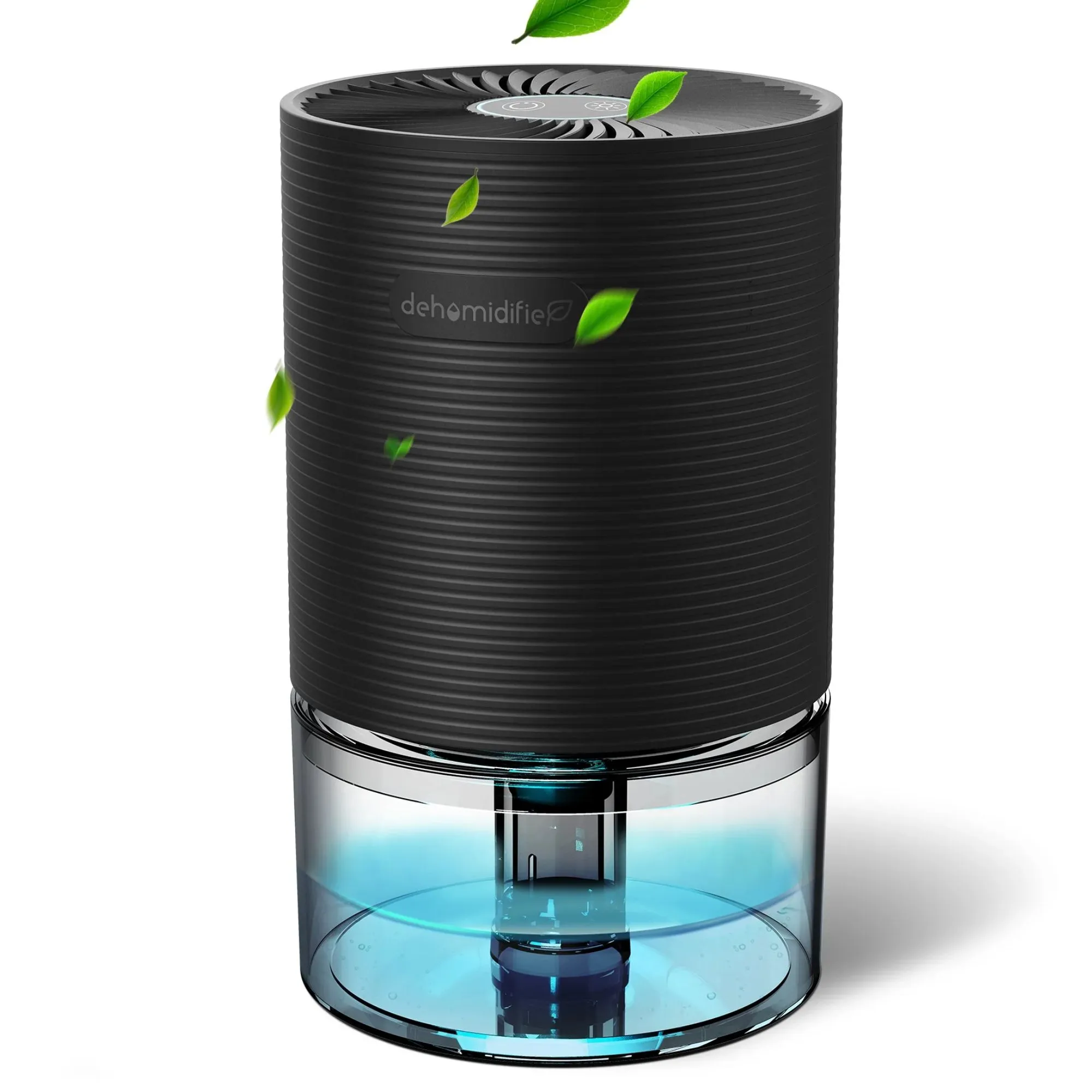 Czarny cylindryczny osuszacz z niebieskim zbiornikiem na wodę' loading='lazy' title=