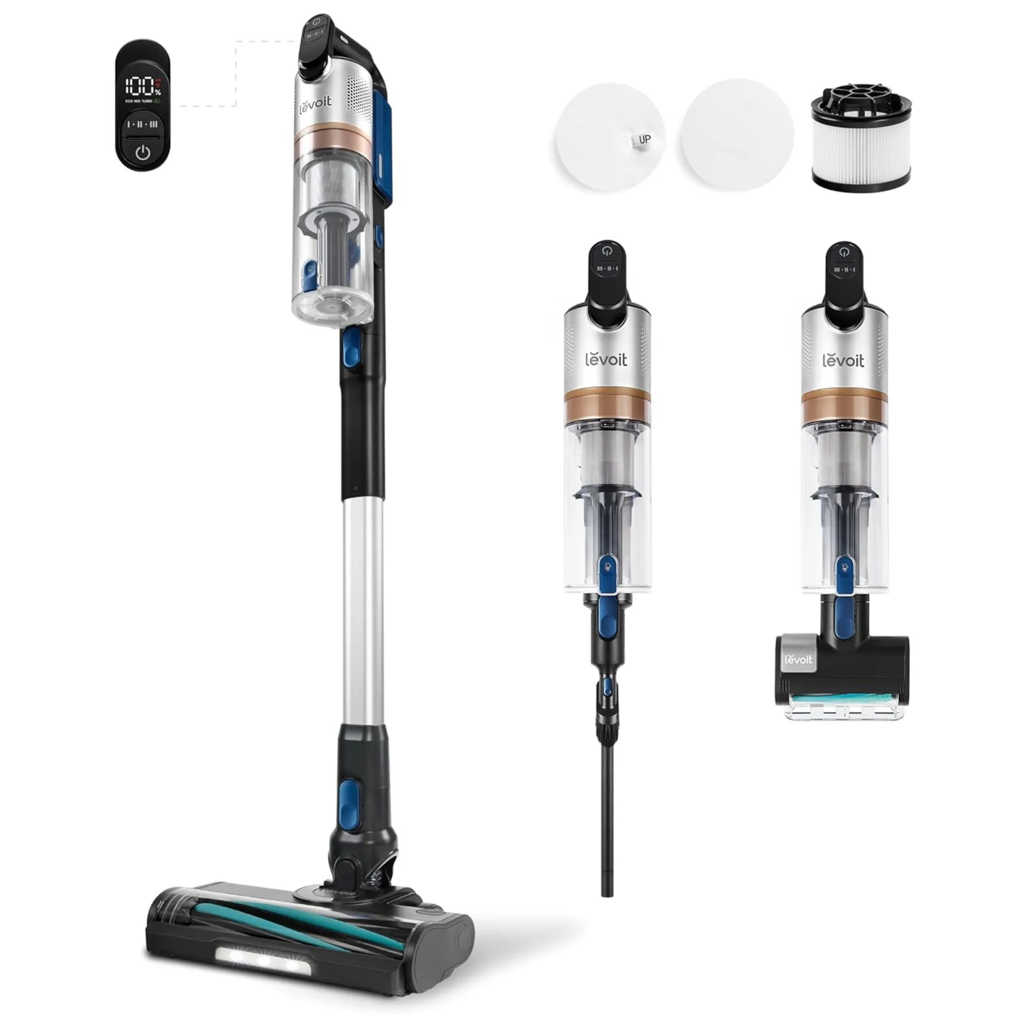 Levoit LVAC-300 w trzech konfiguracjach z różnymi dodatkami na białym tle. Na zdjęciu znajdują się także trzy filtry i zbliżenie ekranu kontroli podciśnienia.' loading='lazy' title=