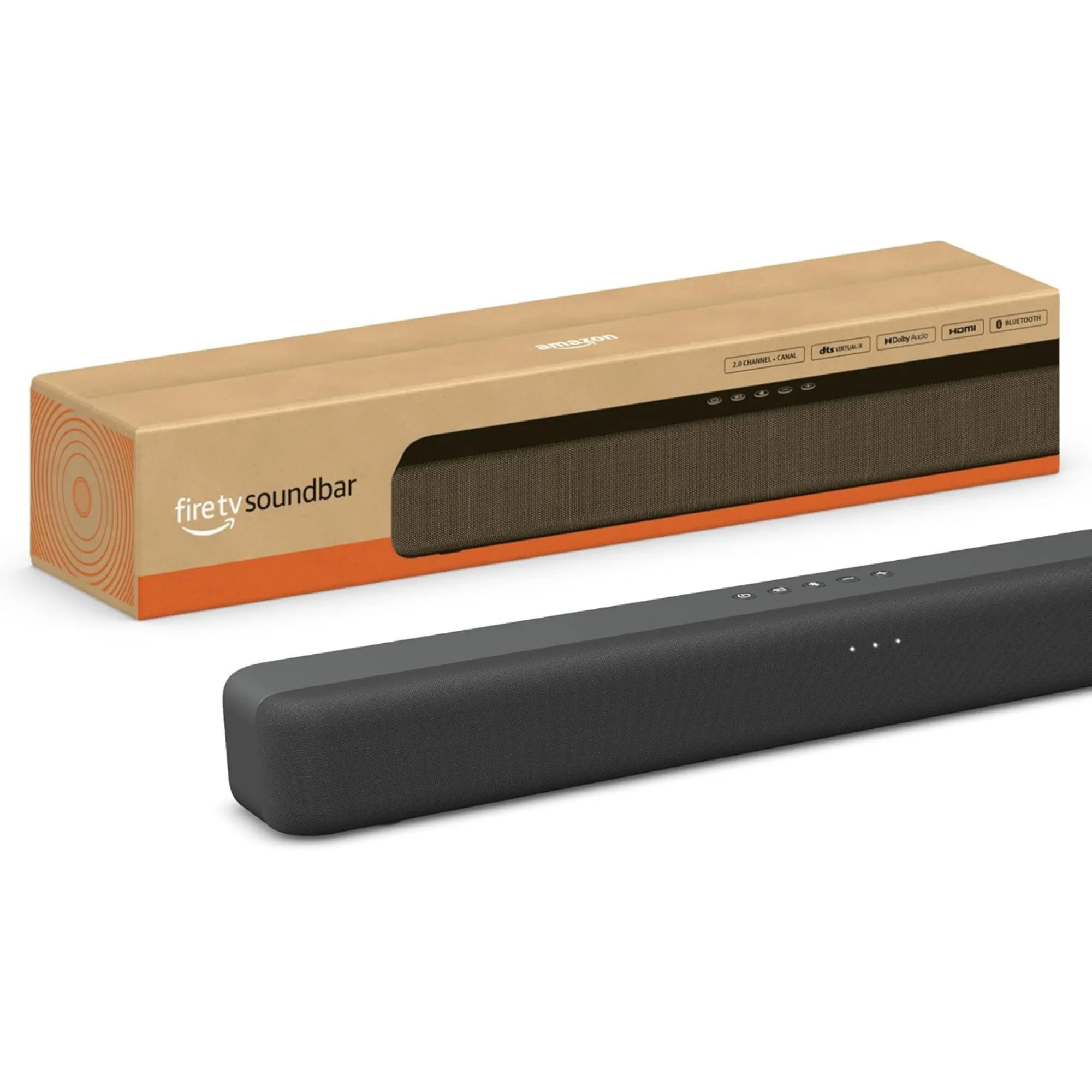 Soundbar Amazon Fire TV e confezione originale su sfondo bianco.' loading='lazy' title=