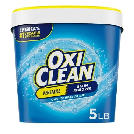 Niebieskie plastikowe opakowanie proszku do usuwania plam Oxiclean z żółtym zatrzaskiem na wieczku' loading='lazy' title=