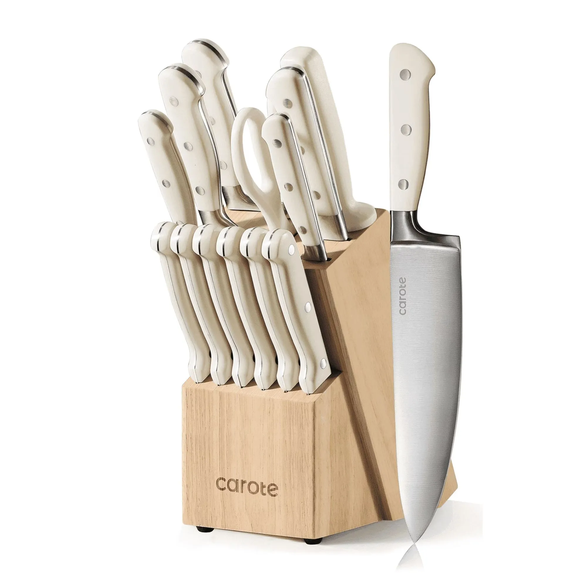 Drewniany blok na noże wypełniony nożami z białą rękojeścią' loading='lazy' title=