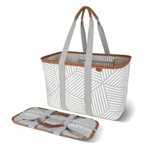Clevermade Snapbasket Luxe Składana torba - Geometryczna taupe 1 opakowanie 30 l / 8 gal - Składany pojemnik do przechowywania artykułów spożywczych wielokrotnego użytku Organizer na zakupy' loading='lazy' title=