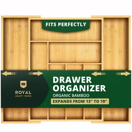Royal Craft Træ Bambus Køkkenskuffe Organizer &ndash; Udvidbar sølvtøjsholder redskab & Bestikbakke med knivopbevaring &ndash; Kontor & Skrivebordsskuffeorganisation (6&ndash;8 åbninger naturlig)' loading='lazy' title=
